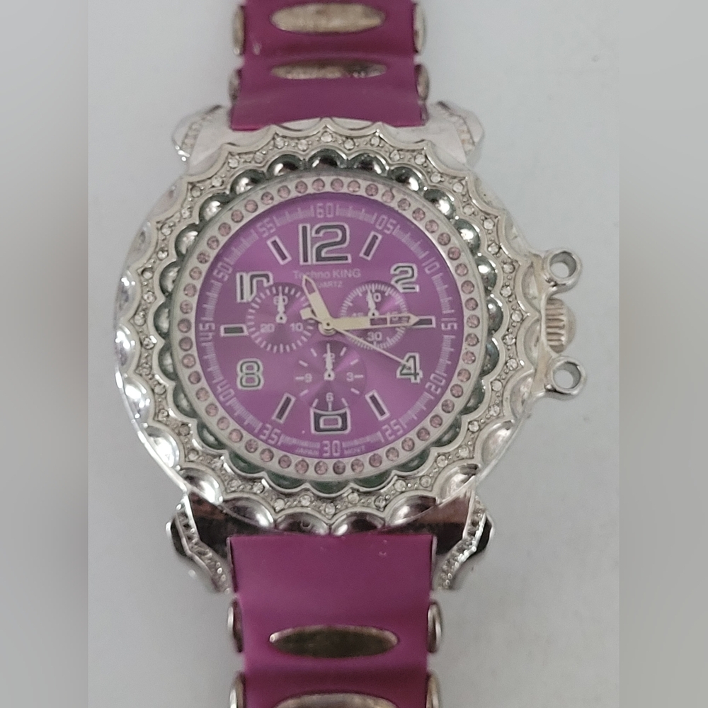 Rare TECHNO KING XL Watch Pink Face/Silicone Band Stainless Steel Water Resistan